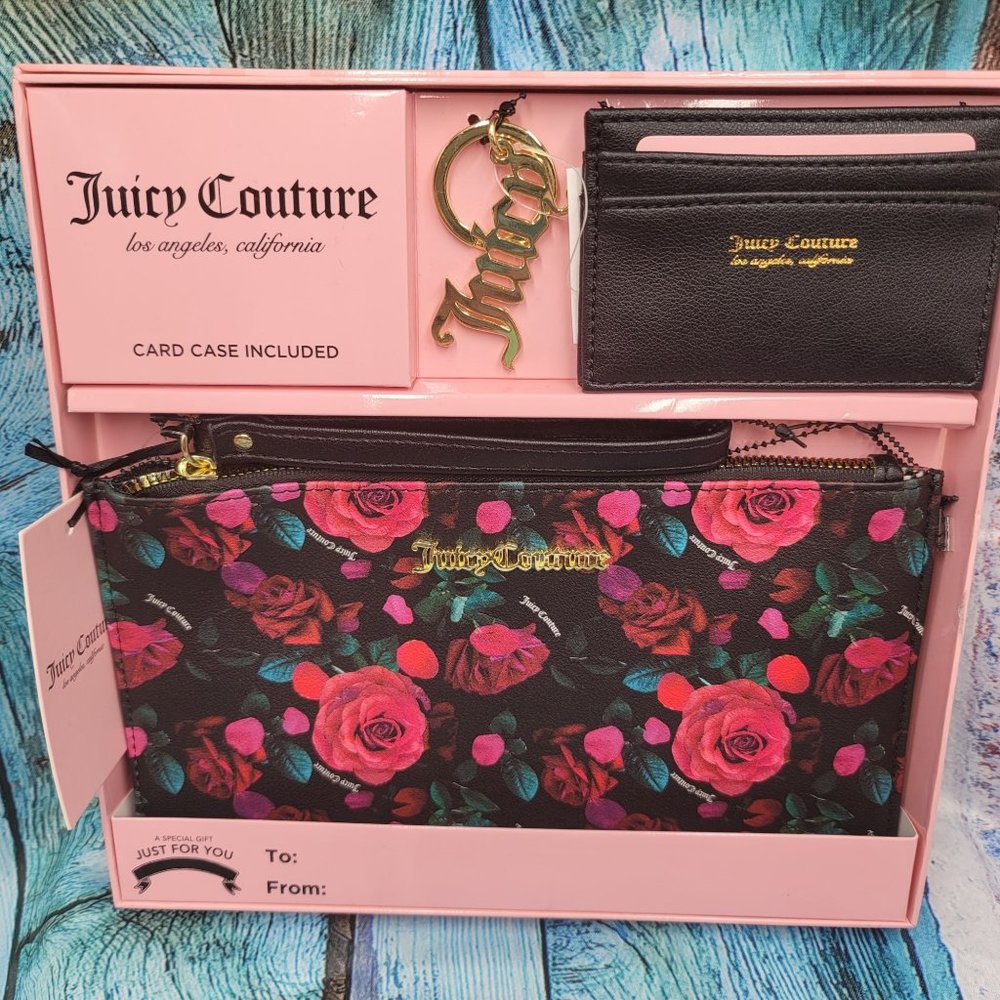 Juicy Couture Gift Set Three Piece Floral Logo Wristlet Card Wallet Keychain